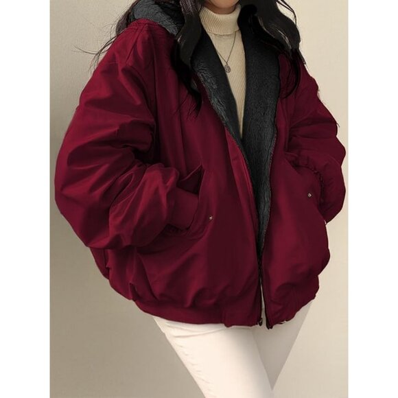 Women's Winter Coats Puffer Long Sleeve Oversized Full Zipper Warm Jackets Red - Picture 6 of 6